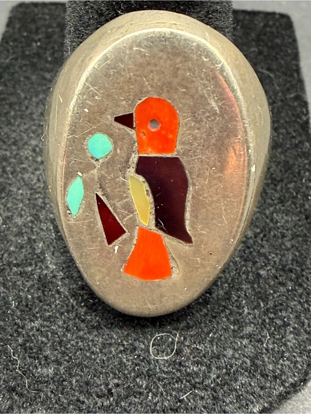 Vintage Zuni Bird Inlay Ring Turquoise Coral Sterling Silver 19.55g Native